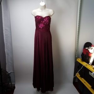 Strapless Sequined Long Gown Pleated Sz S/M Wine